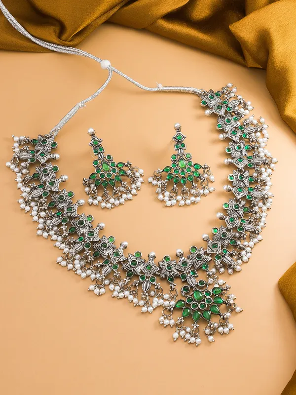 Silver Oxidised Green Temple Choker Jewelry Set for Women