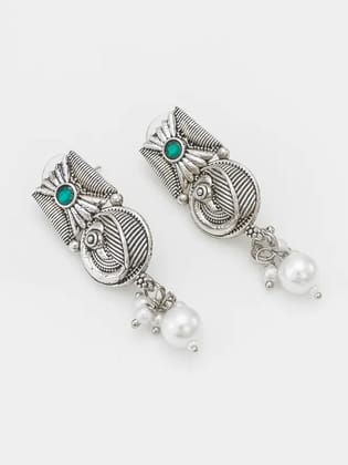 Silver Oxidised Aqua Temple Choker Jewelry Set for Women