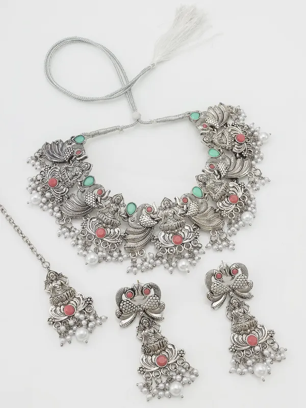 Silver Oxidised Multicolor Temple Choker Jewelry Set For Women