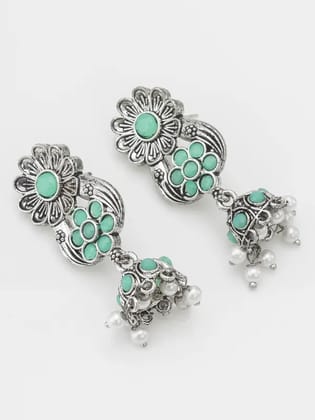 Silver Oxidised Mint Green Temple Choker Jewelry Set For Women