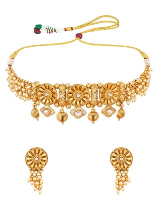 Blee19 Gold-Plated Stone-Studded Beaded Choker Necklace Set