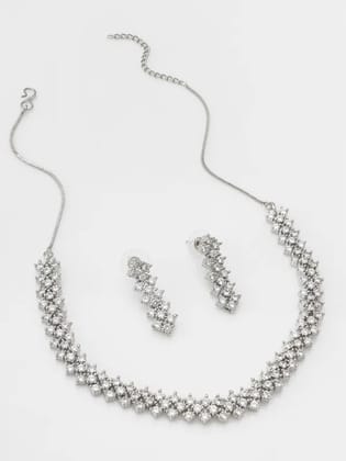 Silver Plated AD Necklace Jewellery Set With Earrings Suited For Party Wedding Festive For Women