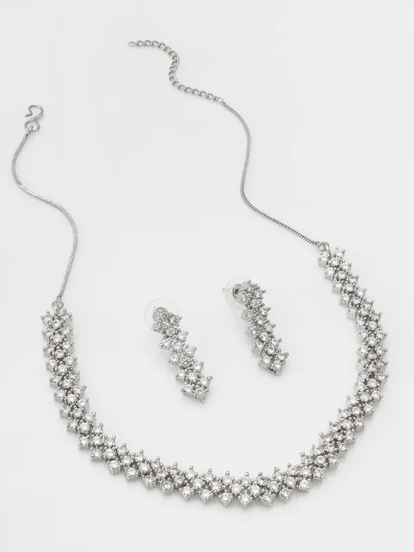 Silver Plated AD Necklace Jewellery Set With Earrings Suited For Party Wedding Festive For Women