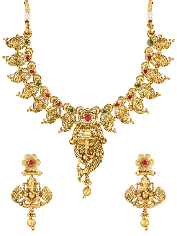 Blee19 Gold-Plated Stone-Studded Temple Choker Jewellery Set