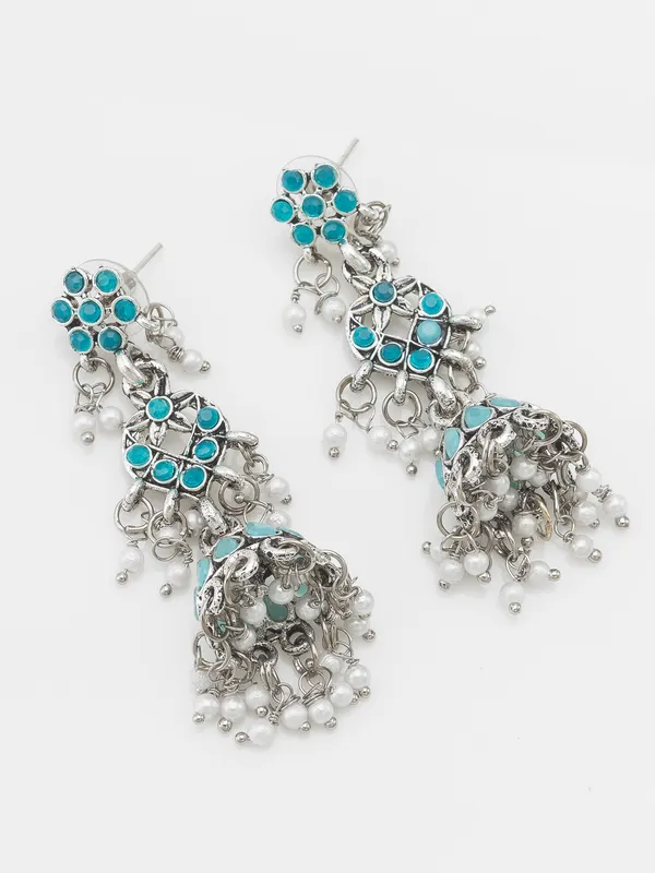 Silver Oxidised Aqua Blue Temple Choker Jewelry Set For Women