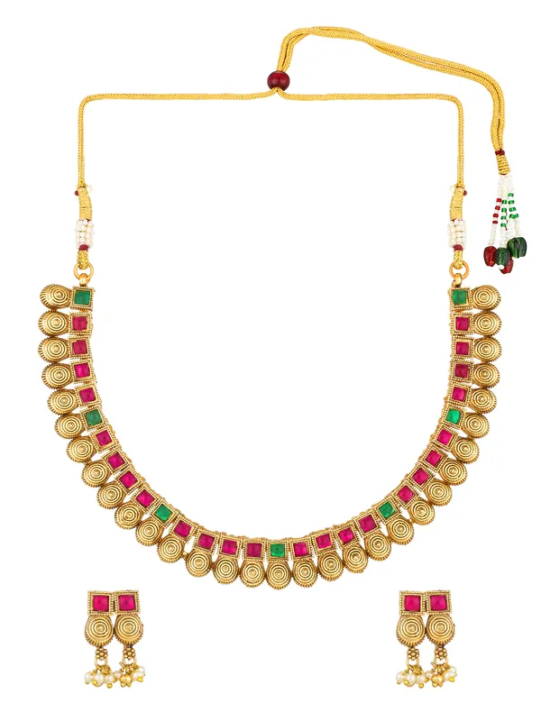 Blee19 Gold-Plated Stones Studded Beaded Jewellery Set