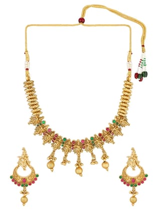 Blee19 Gold-Plated Stones-Studded Beads- Beaded Temple Jewellery Set