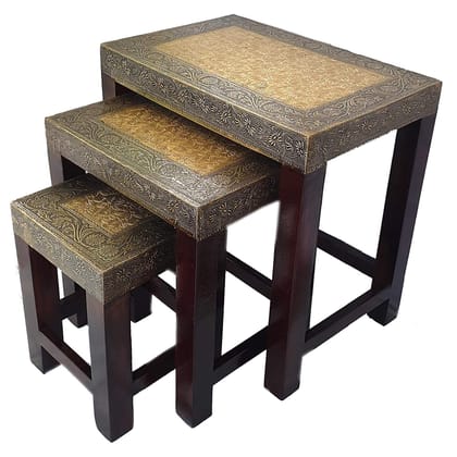 Wood To Cart® Wood Nesting Stools for Living Room,Brass & Wooden Tables, Wooden Stools | Stool Set of 3