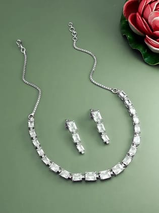 Silver Plated AD Necklace Jewellery Set With Earrings Suited For Party Wedding Festive For Women