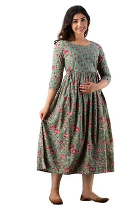 Vishuddhi Creation Women's Cotton Floral Printed Anarkali Maternity Breast Feeding Kurti - Parrot Green