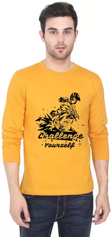 Men Printed Round Neck Pure Cotton Yellow T-Shirt