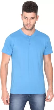 Men Solid Henley Neck Pure Cotton Blue T-Shirt