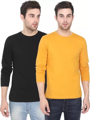 Men Solid Round Neck Pure Cotton Black, Yellow T-Shirt Pack of 2