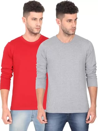 Men Solid Round Neck Pure Cotton Red, Grey T-Shirt Pack of 2