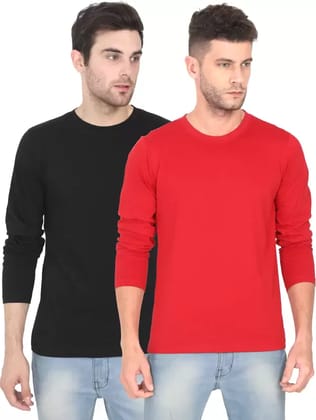 Pack of 2 Men Solid Round Neck Pure Cotton Black, Red T-Shirt