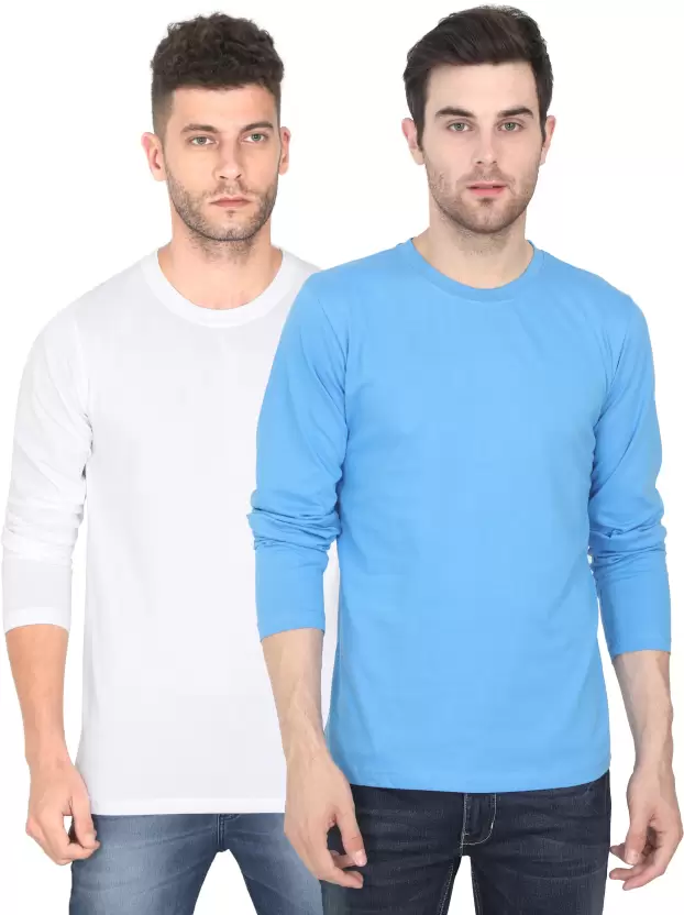 Men Solid Round Neck Pure Cotton White, Blue T-Shirt Pack of 2