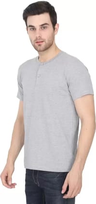 Men Solid Henley Neck Pure Cotton Grey T-Shirt