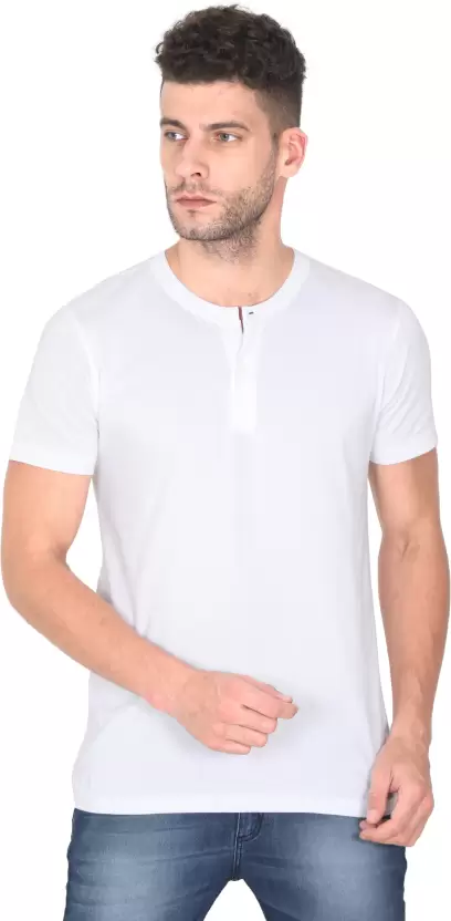 Men Solid Henley Neck Pure Cotton White T-Shirt