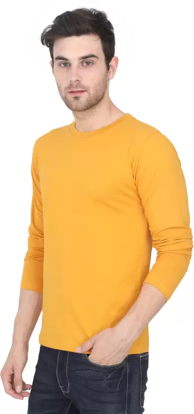 Men Solid Round Neck Pure Cotton Yellow T-Shirt