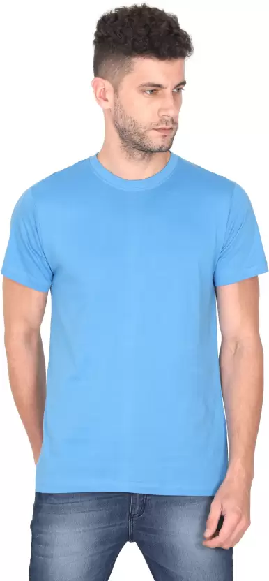 Men Solid Round Neck Pure Cotton Light Blue T-Shirt