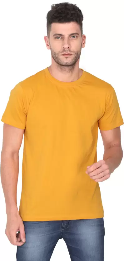 Men Solid Round Neck Pure Cotton Yellow T-Shirt