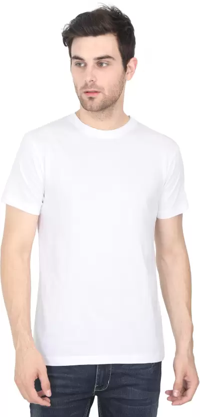 Men Solid Round Neck Pure Cotton White T-Shirt