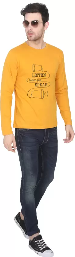 Full Sleeve T-Shirt Men Printed Round Neck Pure Cotton Yellow T-Shirt