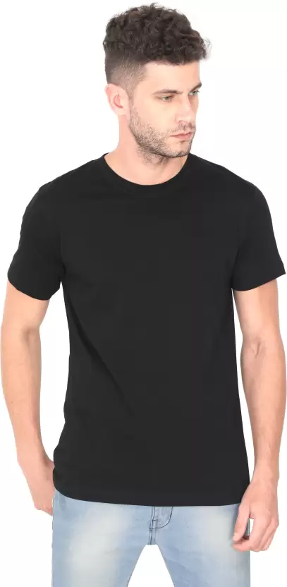 Men Solid Round Neck Pure Cotton Black T-Shirt