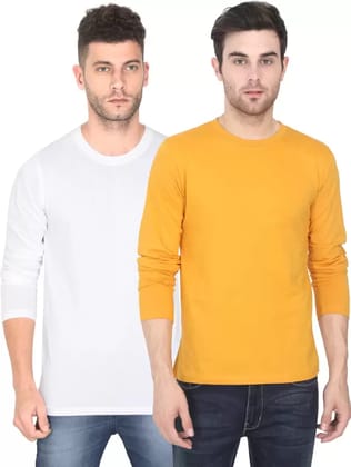 Men Solid Round Neck Pure Cotton White, Yellow T-Shirt Pack of 2