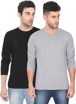 Men Solid Round Neck Pure Cotton Grey, Black T-Shirt Pack of 2