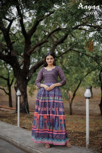 Navy Blue Chanderi Trendy Gown