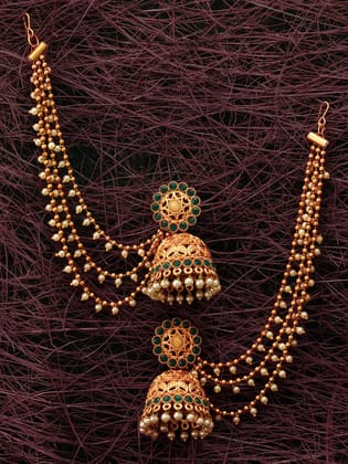 Blee19 Latest Stylish Fancy Gold Plated Traditional Earring With Chain Beads Drop Temple Jhumka Earrings