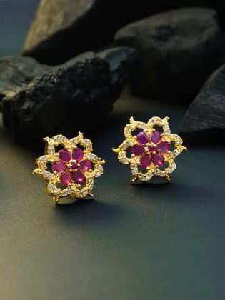 Blee19 American Diamond Earrings CZ Studded Tops Flower Shape Ruby Red Gold Plated For Women & Girls