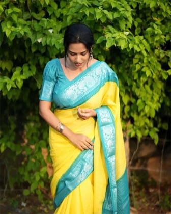 Yellow Color Light Weight Soft Banarasi Silk Saree with Golden Zari Work