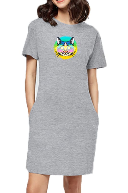 T-shirt Dress With Pockets - Cat With Glasses (6 Colours)