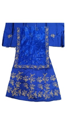 Blue Unstitched Cotton Silk Golden Zari Embroidery Work Ghanghra Lahenga/Choli/Dupatta Set