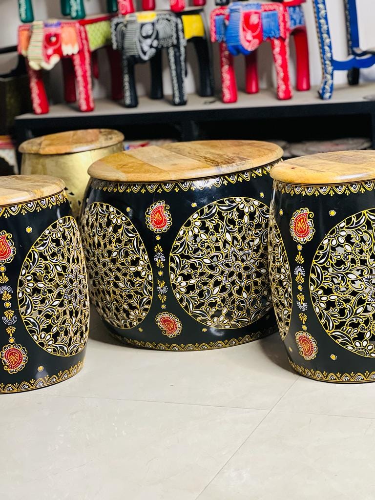 SHAMBHU HANDICRAFTS : SET OF 5 IRON ROUND BLACK HAND PAINTED WOODEN TOP COFFEE TABLE/ HOME DECOR