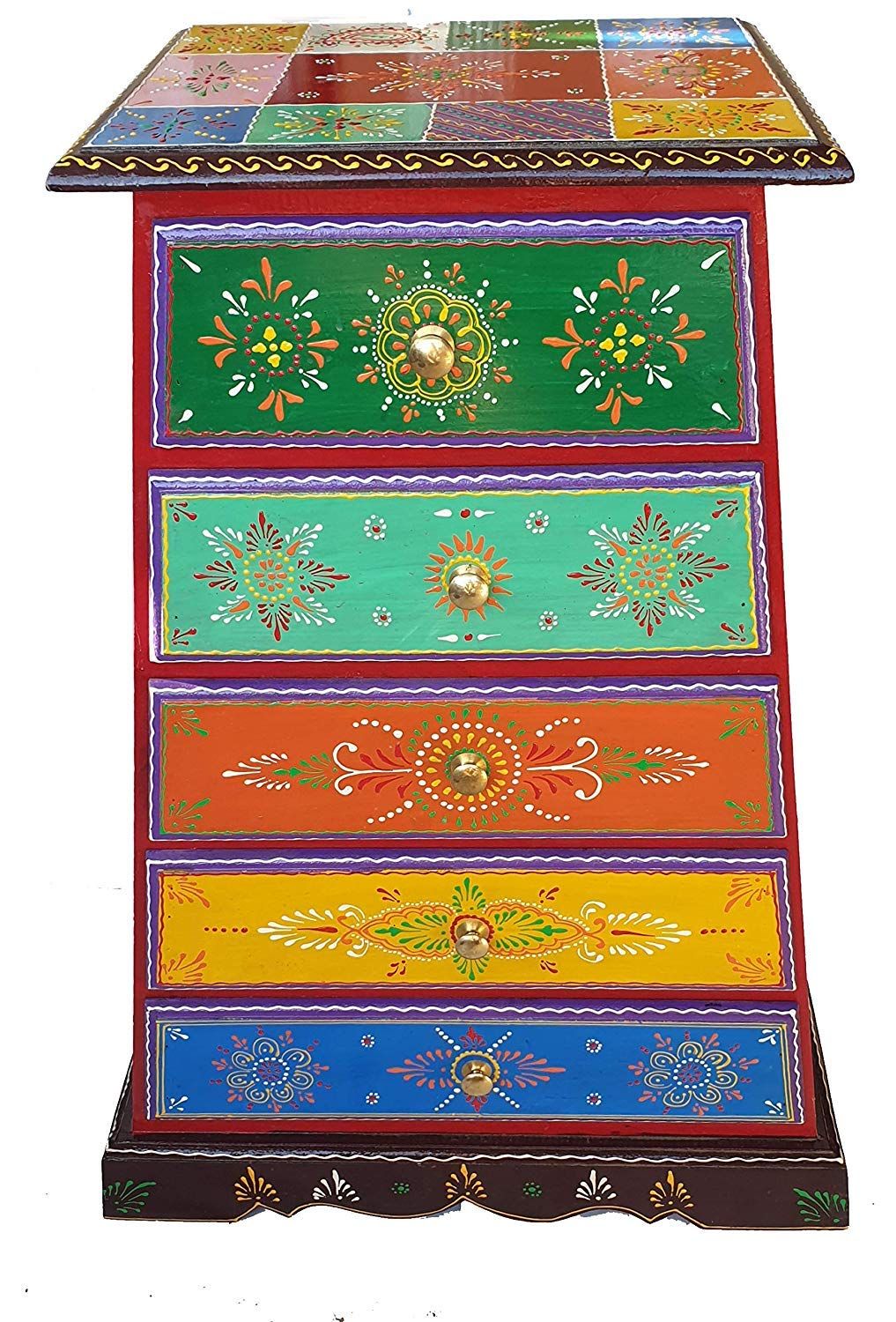 Wood To Cart® Rajasthani Art Wooden Table with 5 Drawers/Pyramid Shape Handpainted Bed Side Table/Corner Table for Jewellery/Vanity for Living Room/Bedroom 28.5x20x12 inches