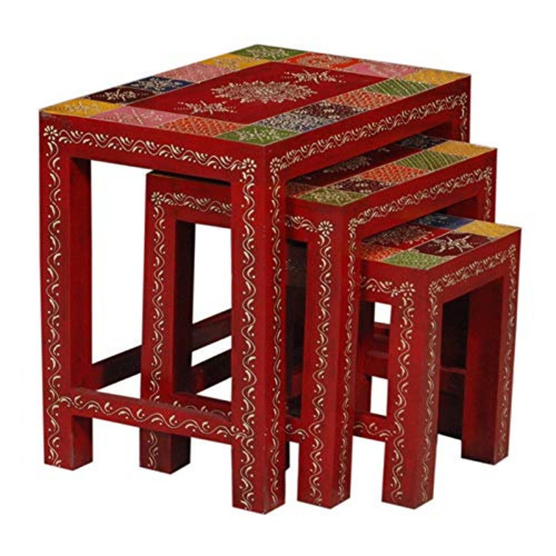 Wood To Cart® Wood Painted Nested Table/Nesting Stool Set of 3/Wooden Nesting Stool/Nested Stool Set ( Multicolor)