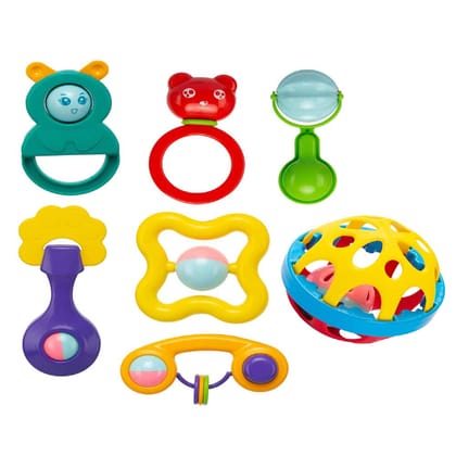 KTRS ENTERPRISE Colorful|| Lovely Attractive Safe Non-Toxic, Rattle Teether Plush Rings Babies Children Toddlers and Infant Toy Products Born Baby First Toys (7 Piece Combo Rattle Set)