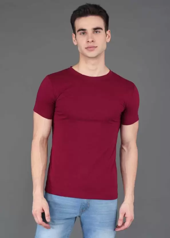 Men Solid Round Neck Pure Cotton marron T-Shirt