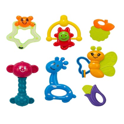 KTRS ENTERPRISE Colourful Plastic Non-Toxic Set of 7 pc Attractive Rattle for New Borns Rattles and Teether for Babies, Plush Rings, Toy for Babies, Early Age Toys (Baby Safari rattles)