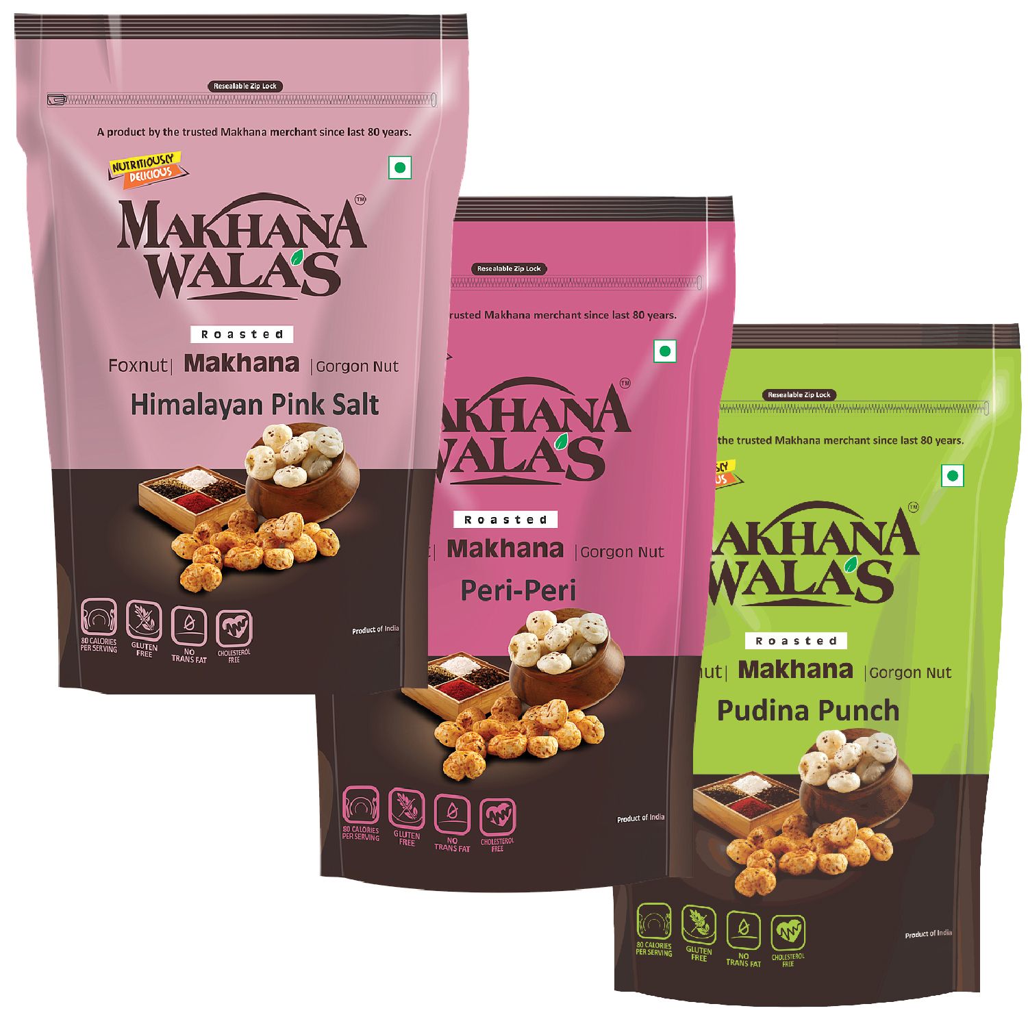 FROM THE HOUSE OF MAKHANAWALA’S Roasted Makhana (Foxnuts)/ Gorgon nut |Himalaya Pink Salt + Peri-Peri + Pudhina Punch| Gluten Free Vegan Snacks | Healthy Diet| Flavored makhana, Pack of 3, 70 g Each.