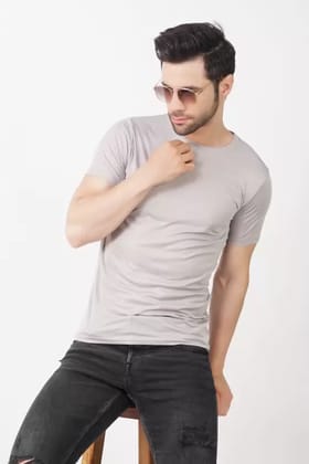 Men Solid Round Neck Pure Cotton grey T-Shirt