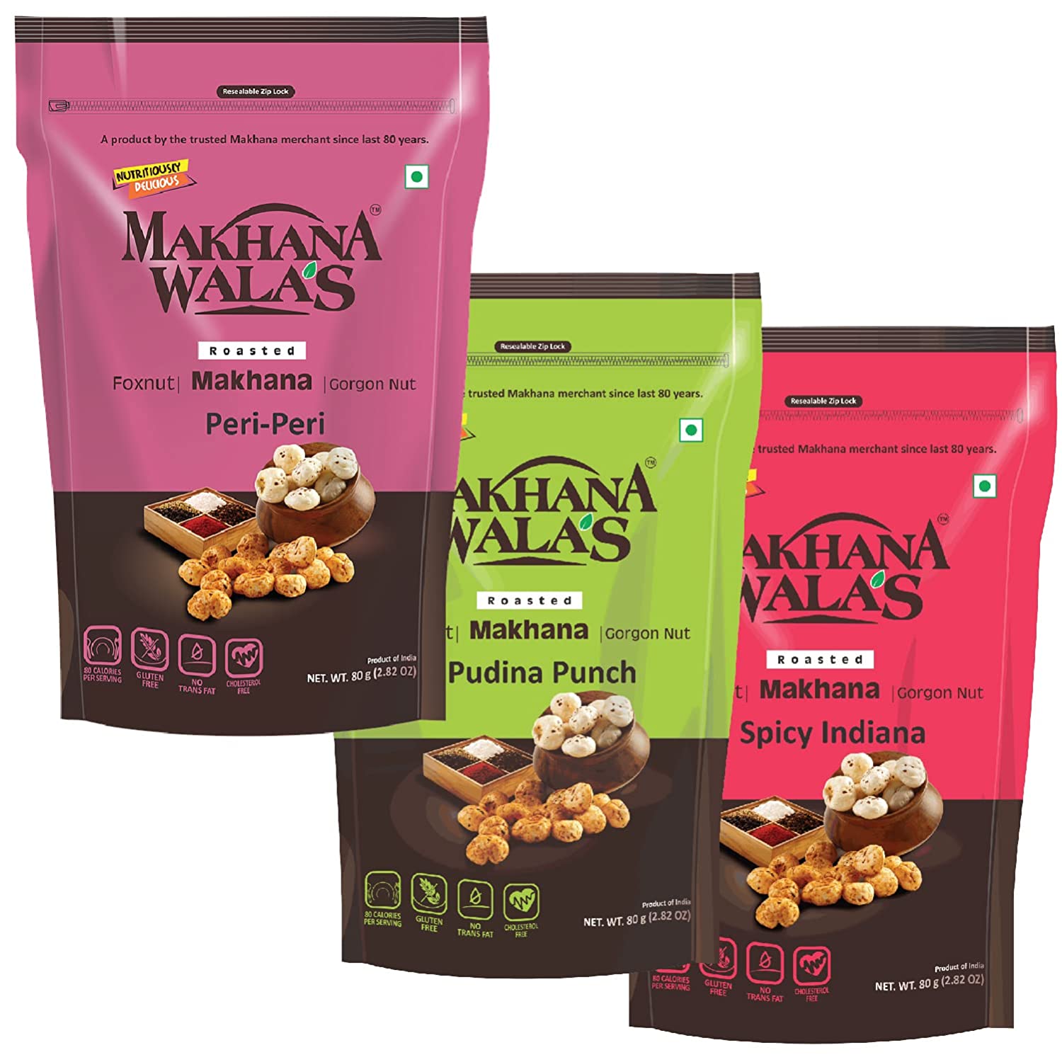 FROM THE HOUSE OF MAKHANAWALA’S Roasted Makhana (Foxnuts)/ Gorgon nut | Peri Peri + Pudina Punch + Spicy Indiana| Gluten Free Vegan Snacks | Healthy Diet | Flavored makhana, Pack of 3, 70 g Each.