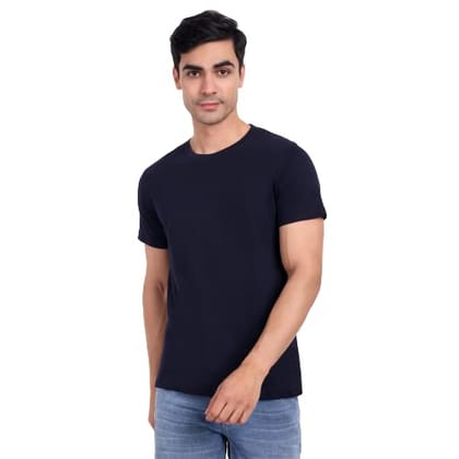Men Solid Round Neck Pure Cotton Blue T-Shirt  (Navy Blue)