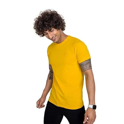 Men Solid Round Neck Pure Cotton yellow T-Shirt