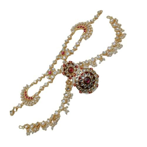 RURU Traditional Rajasthani Gold Plated Dulhan Bridal red maroon Sheeshphool Minakari and kundan work Matha Patti with Borla in Kundan and Pearls for Women and Girls