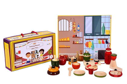 Desi Toys Wooden Pretend Play Kitchen Set for Kids | Playset | Cooking Collectible | Set of 15 | Classical Indian Toys | Vintage Showpiece for Home Decor | Bhatukali | Miniature Wood Toy