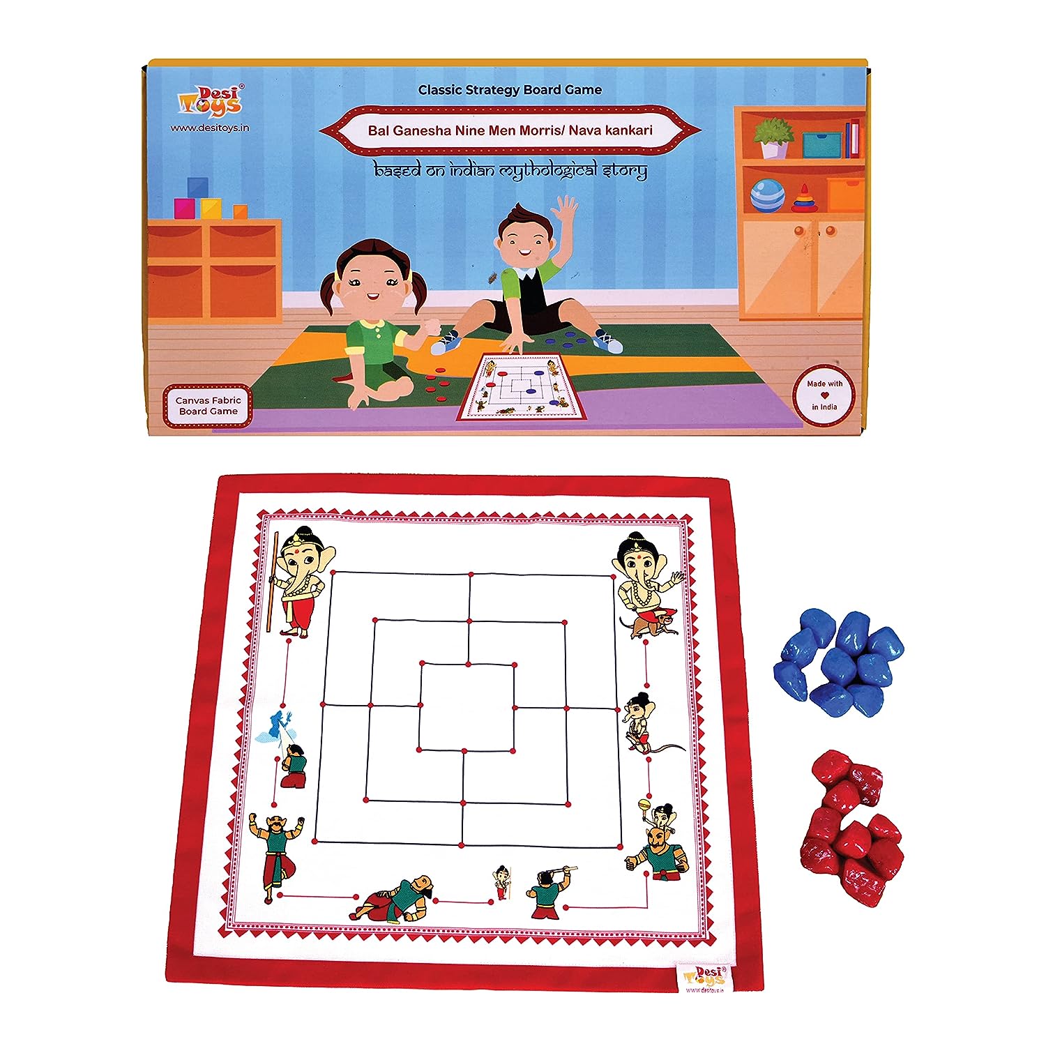 Desi Toys Bal Ganesha Nine Men's Morris/Mills Game/Navakankari | Canvas Fabric Board | Indian Mythological Themed | Logic & Strategy Board Games | 15"x15" Play Mat | Family Games for Adults & Kids